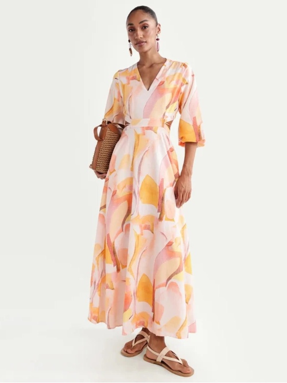 Rareism Ruvin Watercolor Wrap Maxi Dress in Yellow & Pink